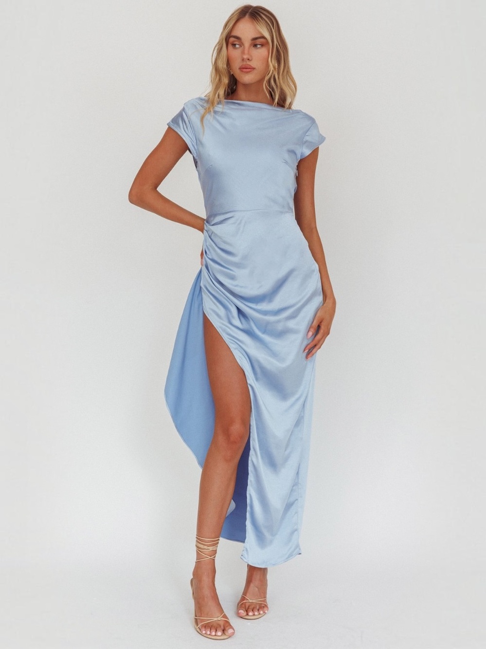 Light Blue Satin Grecian Cap Sleeve Cowl Back Dress Midnight XXL 12